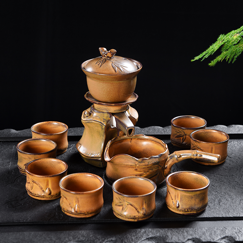 Repeatedly prosperous creative bamboo coarse pottery semi - automatic tea set ceramic prevent hot insulation lazy people make tea, home