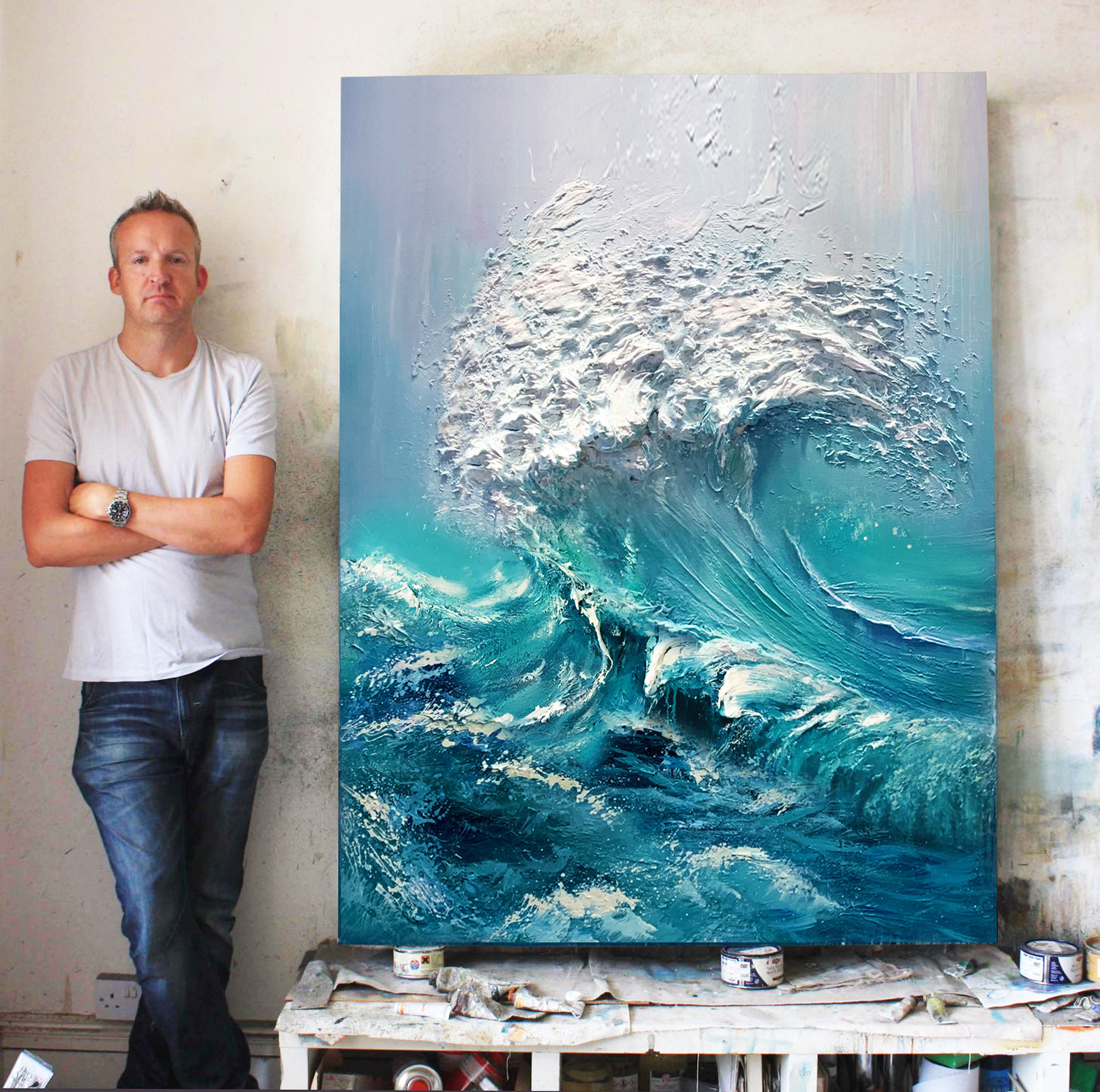 Oil painting hand drawing large and customized waves chest Huaisea Xuanguan Living room Hanging Painting Modern Hotel Background Wall Decoration Painting