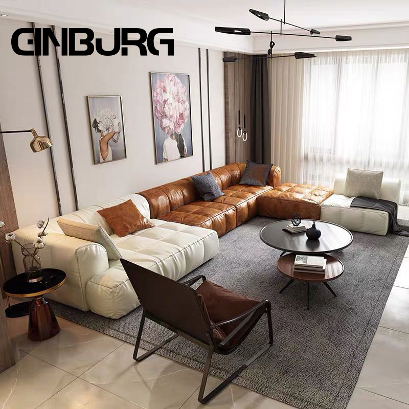 Nordic oil wax top layer leather sofa Italian minimalist post-modern luxury large apartment villa living room full feather 