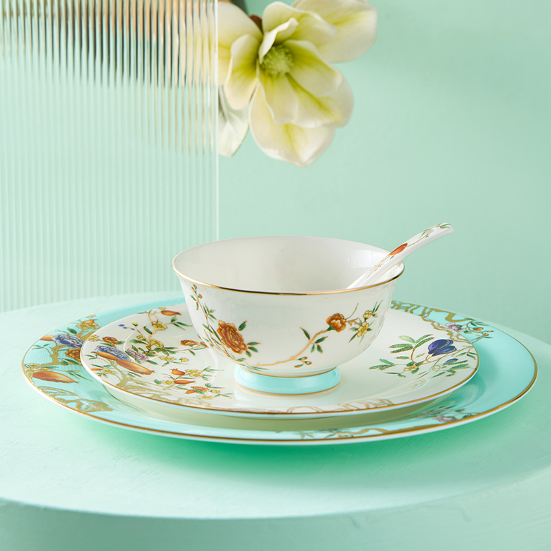 Boshan Bone China New Chinese Style Bone Porcelain Household Tableware Bowl and Plate Set Ceramic Gift European Retro Plate Small Luxury