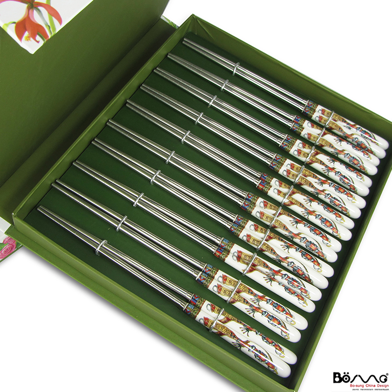 Ceramic gold chopsticks key-2 luxury type gold back word lines ten double chopsticks box set Ceramic stainless steel alloy