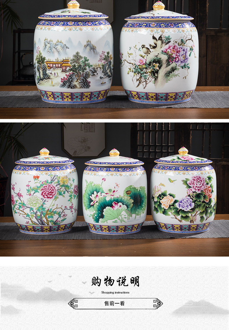 Jingdezhen ceramic barrel with cover colored enamel household ricer box insect - resistant seal high - capacity 30 jin of rice storage tank