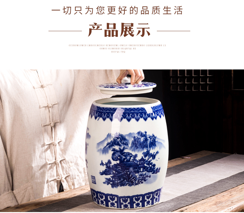 Jingdezhen ceramic barrel rice bucket 50 jins home 20 jins of blue and white porcelain with cover seal insect - resistant moistureproof tank