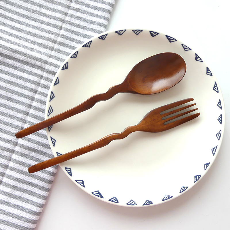 Personality solid wood spoon and fork two pieces unique wave handle large spoon and fork adult tableware set wide mouth big spoon