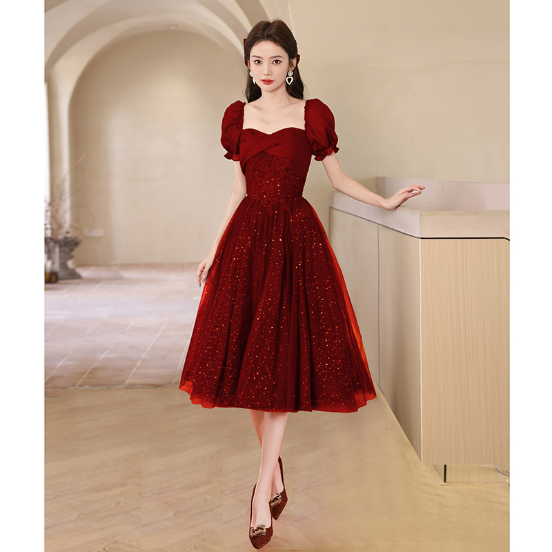 Red Toast Dress for Bride 2026 Engagement Dress High-End Light Luxury Niche High-End Sparkling Coming-Of-Age Ceremony Fairy-Like Wedding