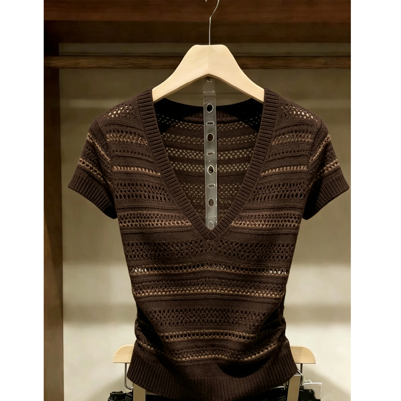 Korean-Style Atmospheric Coffee-Colored Striped Deep V-Neck Short-Sleeved Knitted Base Shirt for Women, New Summer Unique Versatile Top