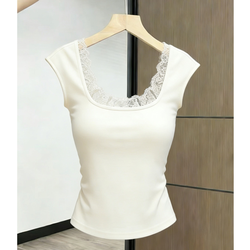 Exquisite and Beautiful Off-White Lace Spliced Square-Neck Slim-Fit Vest T-Shirt for Women, New Unique and Beautiful Top for Summer