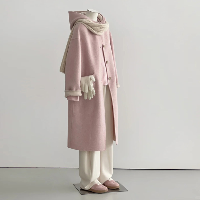 Pink Double-Sided Wool Coat for Women, Mid-Length, High-End Wool Double-Sided Fleece, 2025 Autumn and Winter Hooded Woolen Coat Pink Double-Sided Wool Coat for Women, Mid-Length, High-End Wool Double-Sided Fleece, 2025 Autumn and Winter Hooded Woolen Coat