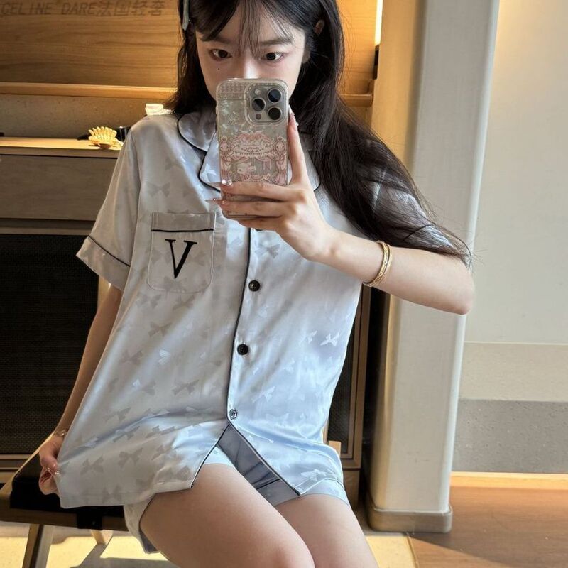 2026 Summer New Product Weijia Gift for Best Friend: Silk Bowknot Thin Pajamas Short-Sleeve Shorts Loungewear Set