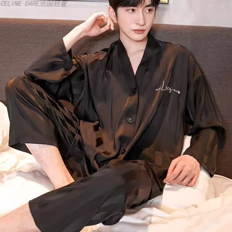 Xiao Zhan's Same Style Silk Pajamas, Spring V-Neck Cardigan, Long-Sleeved, Thin, Light Luxury, High-End Home Wear Set