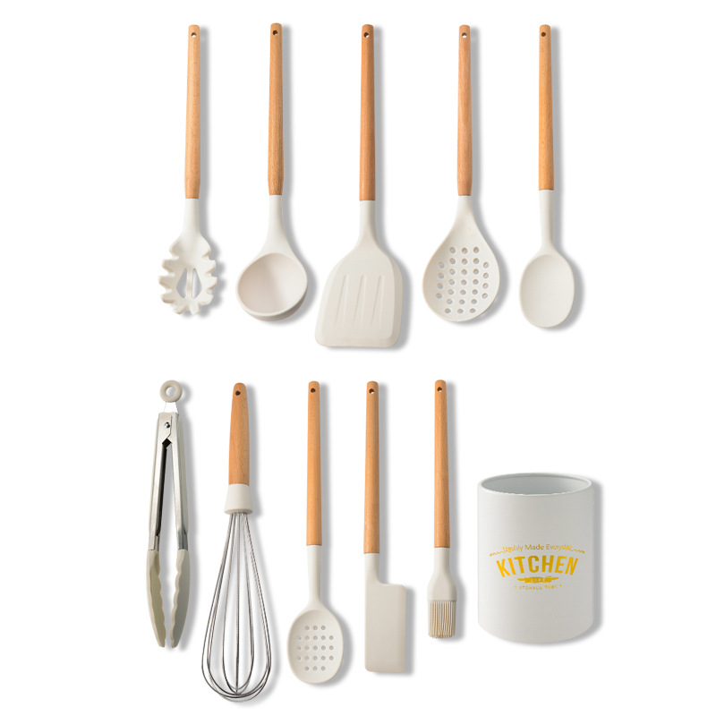 11 Piece Setwhite silica gel Spatula a soup spoon Spoon household Kitchenware Stir fry non-stick cookware Pan Shovel Wooden handle Shovel spoon suit