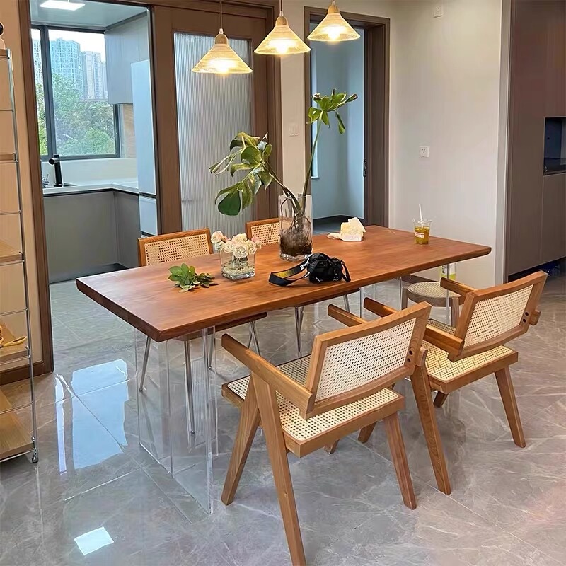 Solid Wood Acrylic Dining Table, Rectangular Floating Table for Small Households, Dining Table and Chair Set Solid Wood Acrylic Dining Table, Rectangular Floating Table for Small Households, Dining Table and Chair Set
