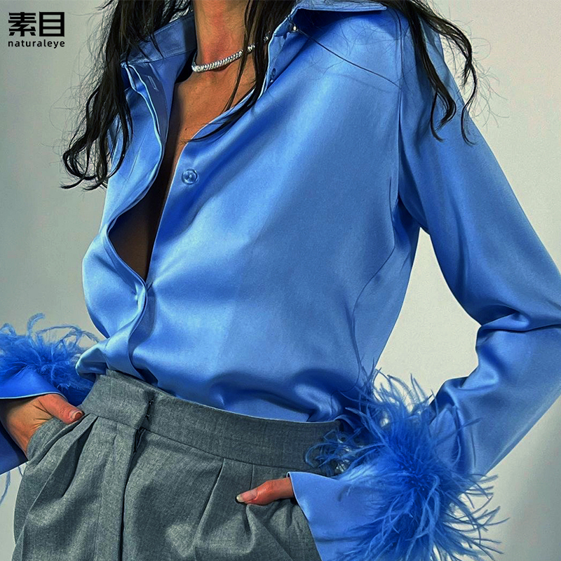 Spring and Summer Vintage Royal Blue Feather Tassel Patchwork Long-Sleeve Shirt, New Niche Fashion Socialite Top for Women