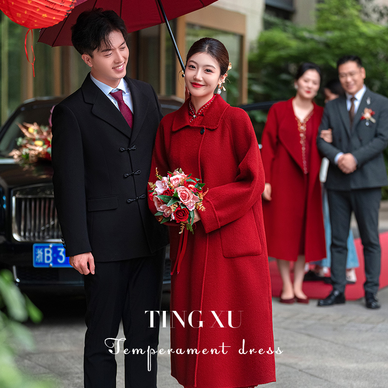 Ting Xu's "Lingzhu Sha" Toast Dress Woolen Coat Bride Wedding Red High-End Elegant Engagement Jacket