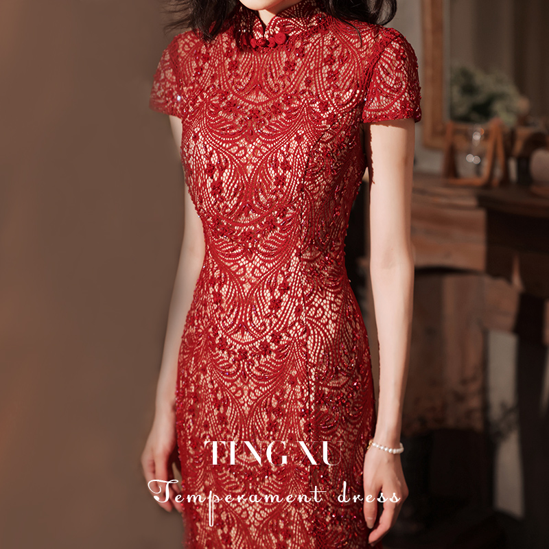 Toast Bridal Qipao Chinese Style Dresses Dress Light Extravagant and High-end Engagement Fish Tail Dress Temperament back to the door.
