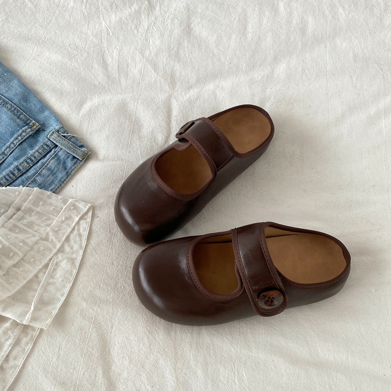 Xishu Brown Round-Toe Mary Jane Half-Slippers for Women, 2026 New Thick-Soled Slip-On Lazy Shoes, Birkenstock Shoes