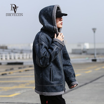  Cotton coat mens 2021 trend winter hooded loose plus velvet lamb wool jacket Korean version of the quilted jacket fur one-piece cotton suit