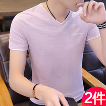 Mens short sleeve T-shirt 2021 new trendy slim V collar half sleeve T-shirt mens summer Tide brand clothes Cotton