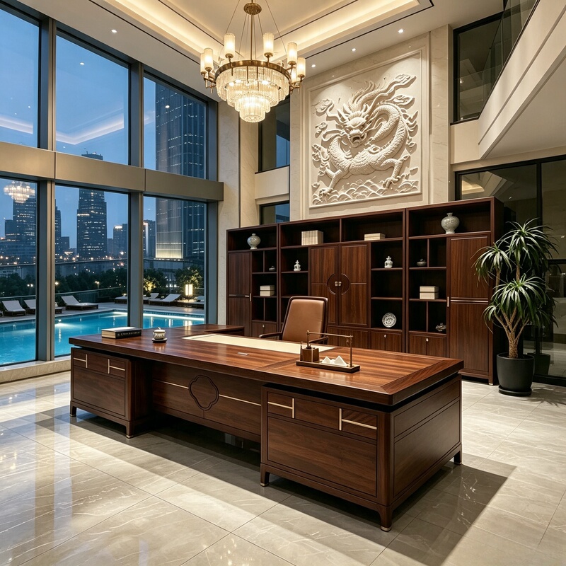 New Chinese-Style North American Walnut Executive Desk, Song-Style Aesthetic Solid Wood Ceo Desk, Boss Desk, and Bookcase Combination New Chinese-Style North American Walnut Executive Desk, Song-Style Aesthetic Solid Wood Ceo Desk, Boss Desk, and Bookcase Combination