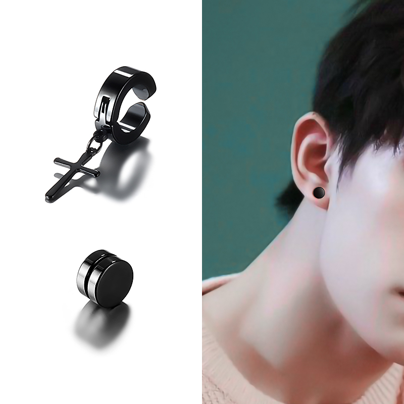 False ear needle Men without ear hole magnet Boys earrings Titanium steel temperament single ear buckle magnet combination ear clip men