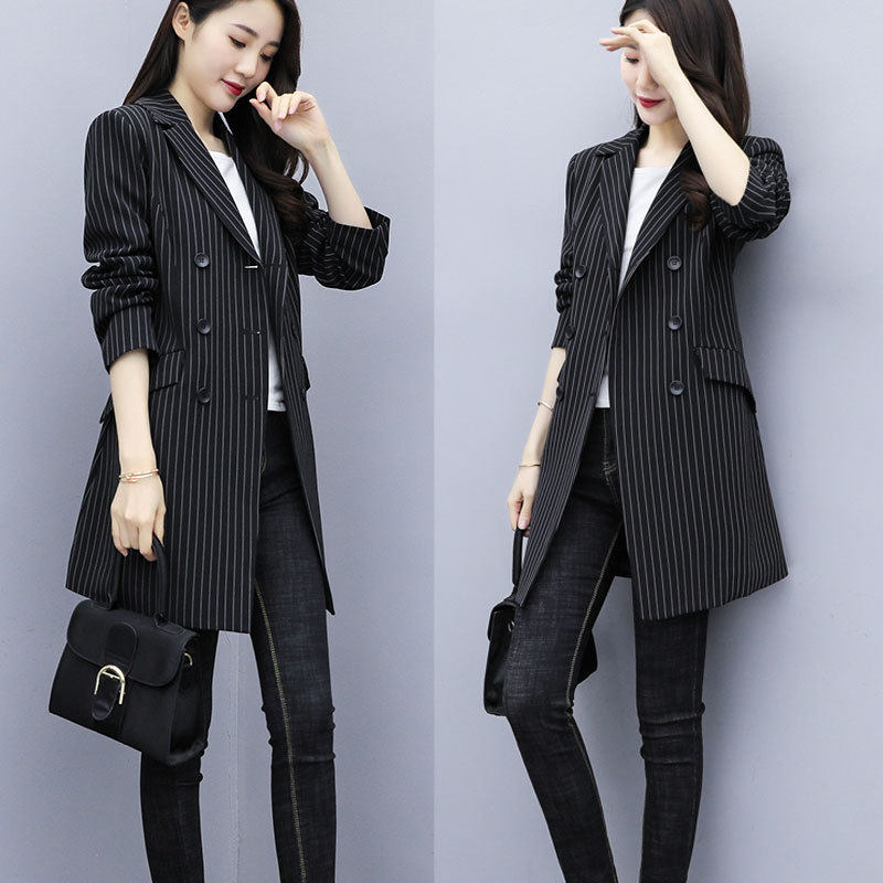 Large size women's high - sense suit fat mm striped suit medium - long - edition menu - lean windwear 200 pounds