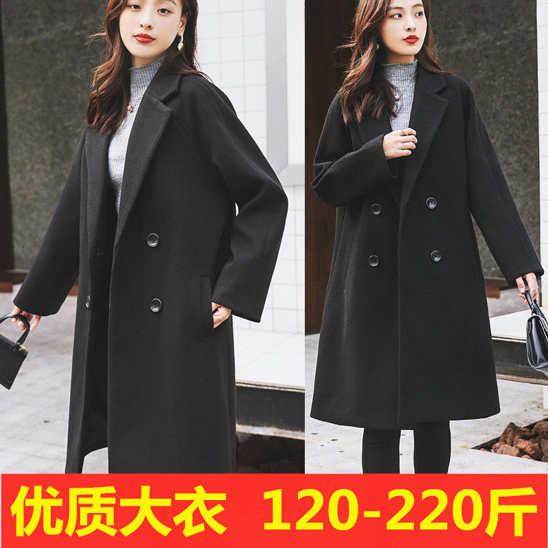 Black woolen coat women's mid-length fat mm200 catties autumn and winter large size women's Hepburn style thickened woolen coat