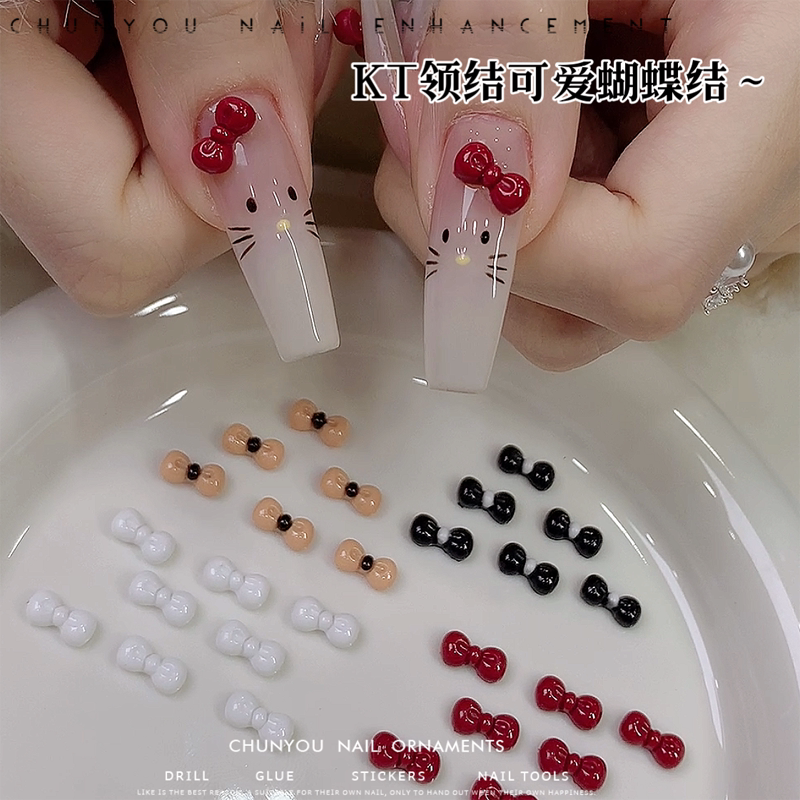 Trendy New Kt Cat Bow Nail Art Rhinestones Sweet Cute Kitty Cat Bow Tie 3D Nail Decorations