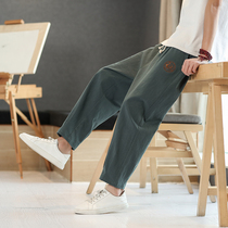 Cotton Linen Pants Summer Thinness Loose Casual Harynn Pants China Wind Embroidery Big Code Straight Barrel Sports 9 Minute Pants Man