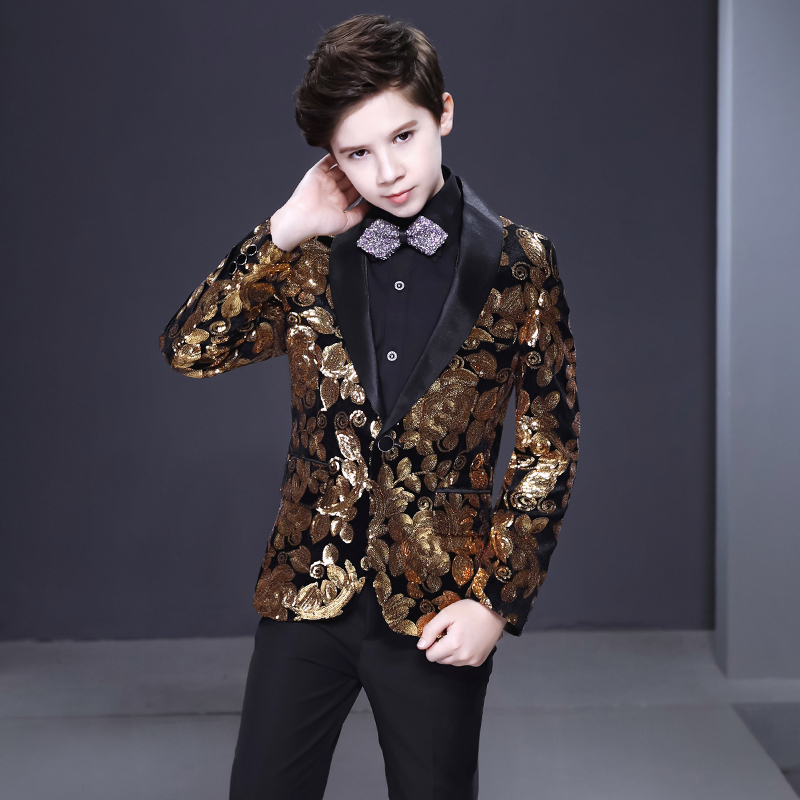 Boy's jazz dance sequin coats chorus host singer performance jacket blazers Boys suit children dress show handsome British flower boys suit