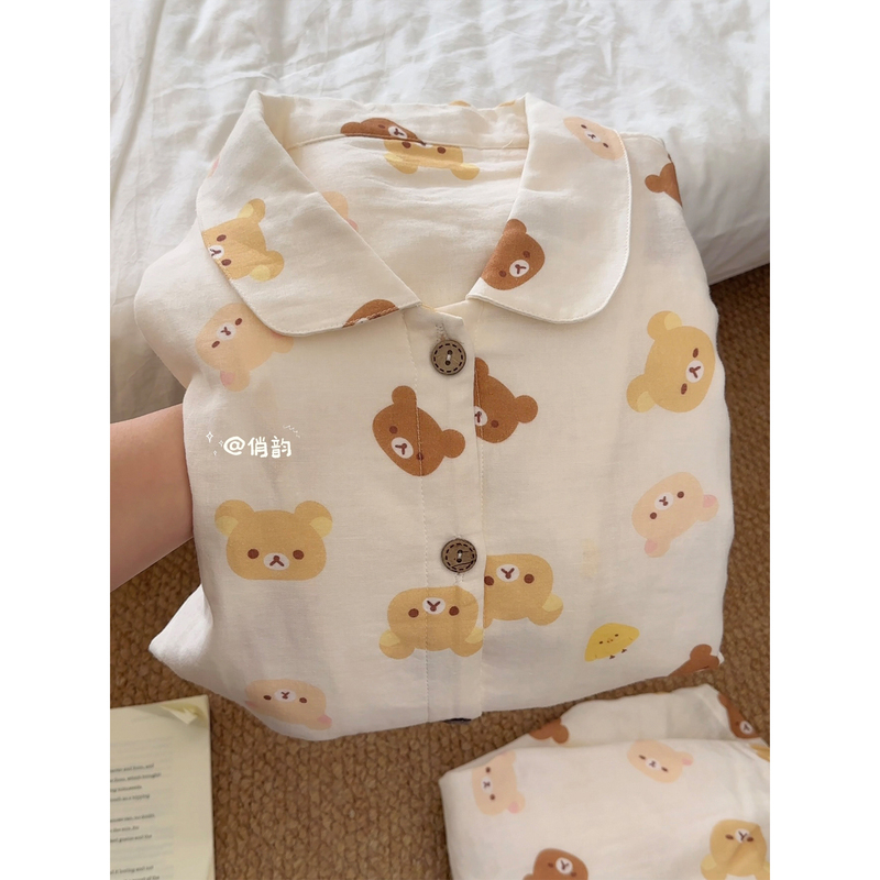 Cute Rilakkuma Pajamas for Women, New Cotton Gauze 2026 Summer Short-Sleeved Two-Piece Set, Sweet and Comfortable Home Wear Set Cute Rilakkuma Pajamas for Women, New Cotton Gauze 2026 Summer Short-Sleeved Two-Piece Set, Sweet and Comfortable Home Wear Set