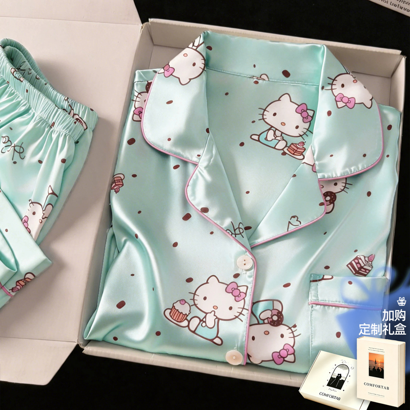 Sweet and Cute Cat-Themed Ice Silk Cool Pajamas Three-Piece Set for Women, Summer Short-Sleeve Shorts, Can Be Worn Outside, Loungewear Set Sweet and Cute Cat-Themed Ice Silk Cool Pajamas Three-Piece Set for Women, Summer Short-Sleeve Shorts, Can Be Worn Outside, Loungewear Set