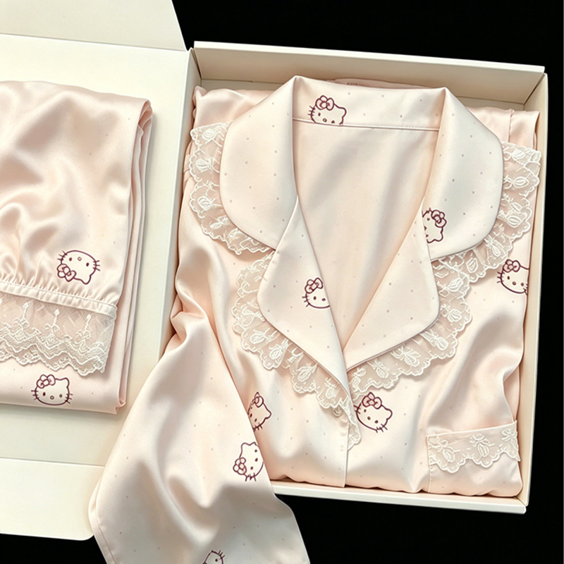 Sweet Polka Dot Kitten Ice Silk Pajamas for Women, Long-Sleeved and Long-Pants Set, Autumn Thin Style, High-End Gift Box Set