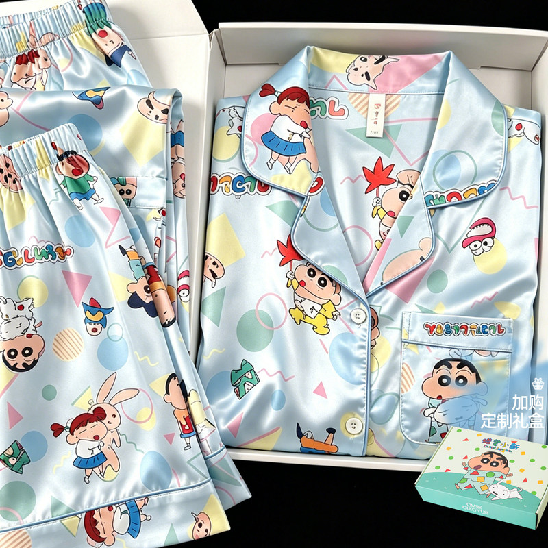 Crayon Shin-Chan Three-Piece Summer Thin Ice Silk Couple's Pajamas Set, Women's Short-Sleeve Top and Long Pants, Men's Loungewear Set