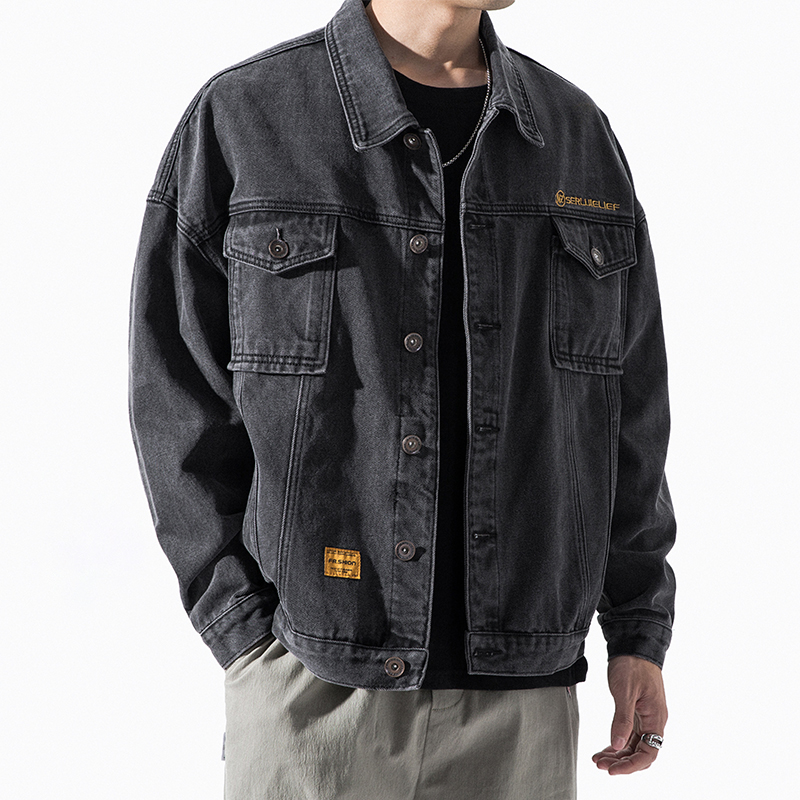Denim jacket nam giới xu hướng đang lớn áo khoác nam mùa xuân và mùa thu bảo hộ lao động chức năng lỏng lẻo đen Hàn Quốc phiên bản của xu hướng áo khoác nam