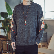 Autumn Chinese style embroidered sweater mens round neck base shirt Large size youth ancient style pullover sweater mens clothing