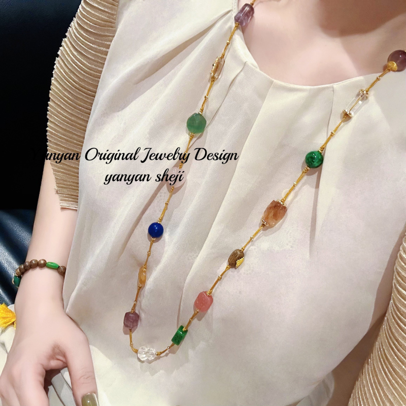 Retro Fashion Natural White Crystal Salt Source Agate Red Glue Flower Dried Green Agate Pink Crystal Fluorite Braided Necklace