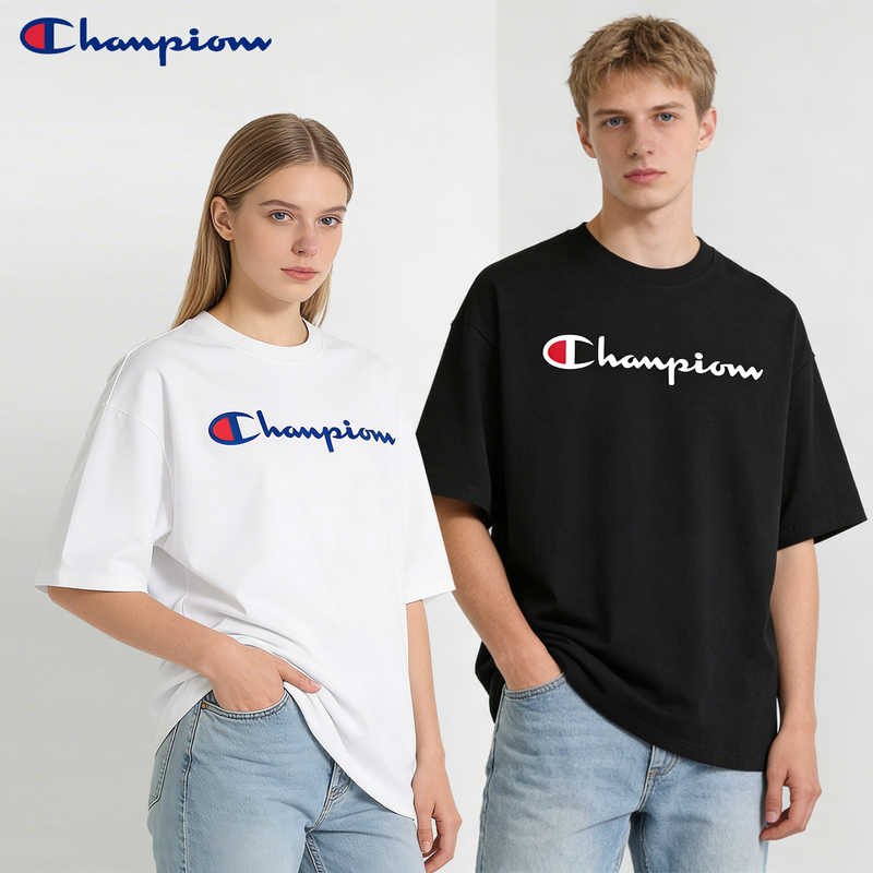 Champion Couple T-Shirt Men's Summer 240g Heavyweight Oversized Loose Casual Top Pure Cotton Short-Sleeve Women's
