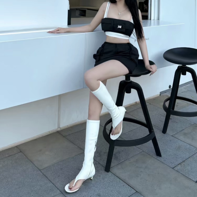 Zhang Yuanying's Same Style White Sandals for Women 2025 High-Tube Thong-Toe Stiletto Heel Over-The-Knee Elastic Long Boots Sexy High Heels