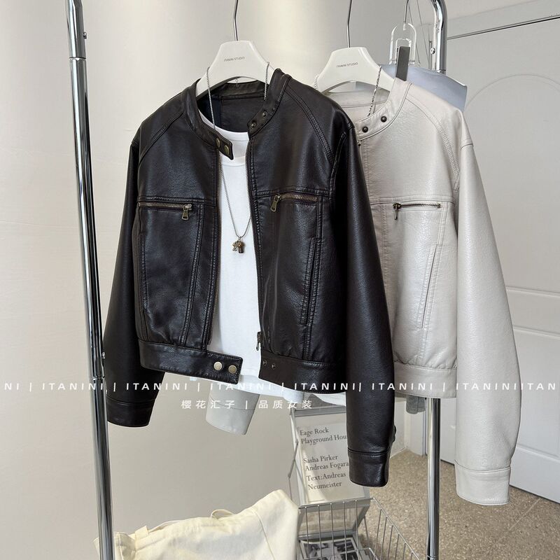 Haining Spring and Autumn 2026 Retro Short New Leather Jacket for Women, Black, Petite, American Style, Loose Fit, Popular Biker Style