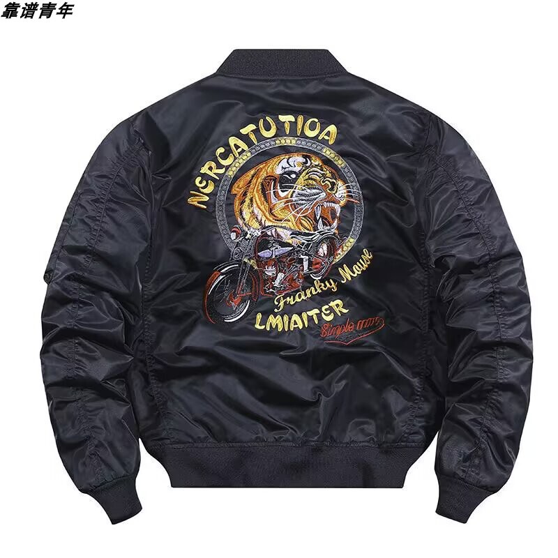 American-Style Pilot Heavy-Duty Letter and Tiger Head Embroidered Jacket for Men, Spring and Autumn Trendy Baseball Uniform Workwear Jacket American-Style Pilot Heavy-Duty Letter and Tiger Head Embroidered Jacket for Men, Spring and Autumn Trendy Baseball Uniform Workwear Jacket