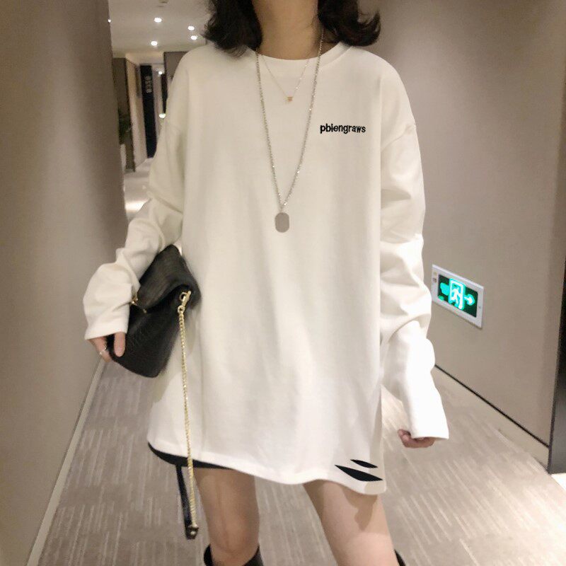White long-sleeved T-shirt women's spring and autumn 2021 spring and autumn loose mid-length ripped long-sleeved cotton undershirt top