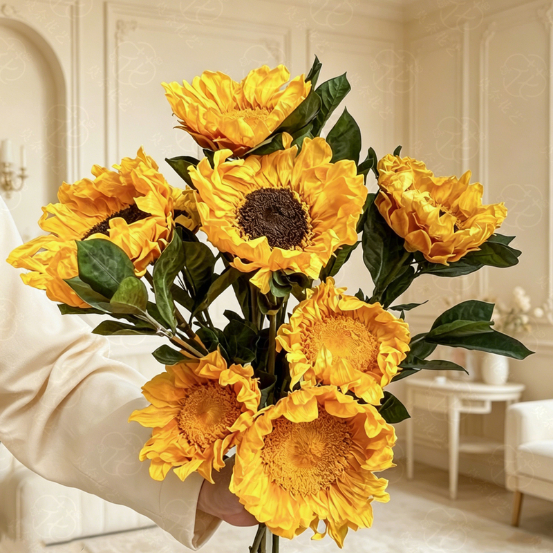 Premium Sunflower Eternal Flower Bouquet with Large Gardenia Leaves, Real Flowers with a High-End Feel, Suitable for Living Room, Desk, Side Table, or Coffee Table Decoration