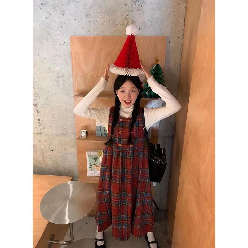 New Year and Christmas Outfit, Retro Red Plaid Camisole Dress for Women, Sweet Layered Dress, Long Two-Piece Set
