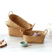  Rattan seaweed woven bamboo woven storage basket Living room desktop storage basket Snacks sundries Cosmetics storage box
