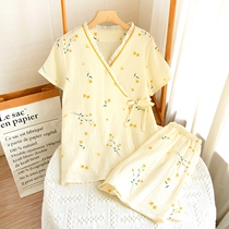 Pure cotton gauze pajamas for women summer thin crepe simple and fresh kimono style lace-up short-sleeved shorts home wear set