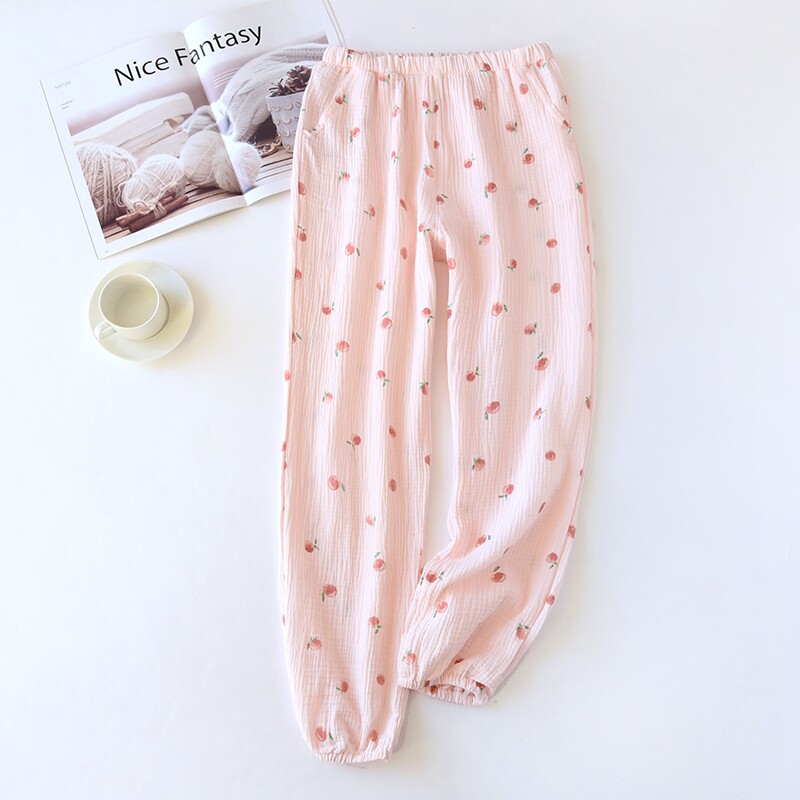 Sleeping Pants Woman Spring Autumn Pure Cotton Crepe Cloth Summer Thin Full Cotton Double Layer Gauze Long Pants Sweet and cute Close-up Home Pants