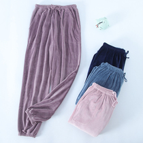 Couples Stretch Island velvet pajama pants women flannel plus velvet warm toe closure solid color home pants men men