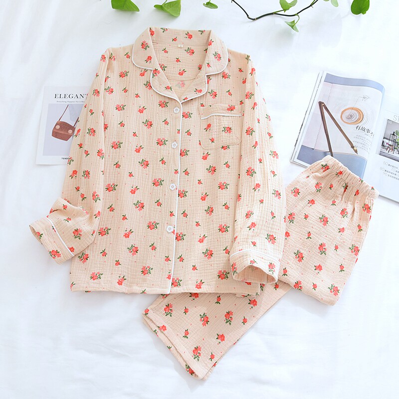 Spring Autumn Pajamas Woman Pure Cotton Cotton Cloth Crepe Cloth Summer Thin full cotton minimalist Chopped Flowers Long Sleeves Long Pants Home Suit Suit