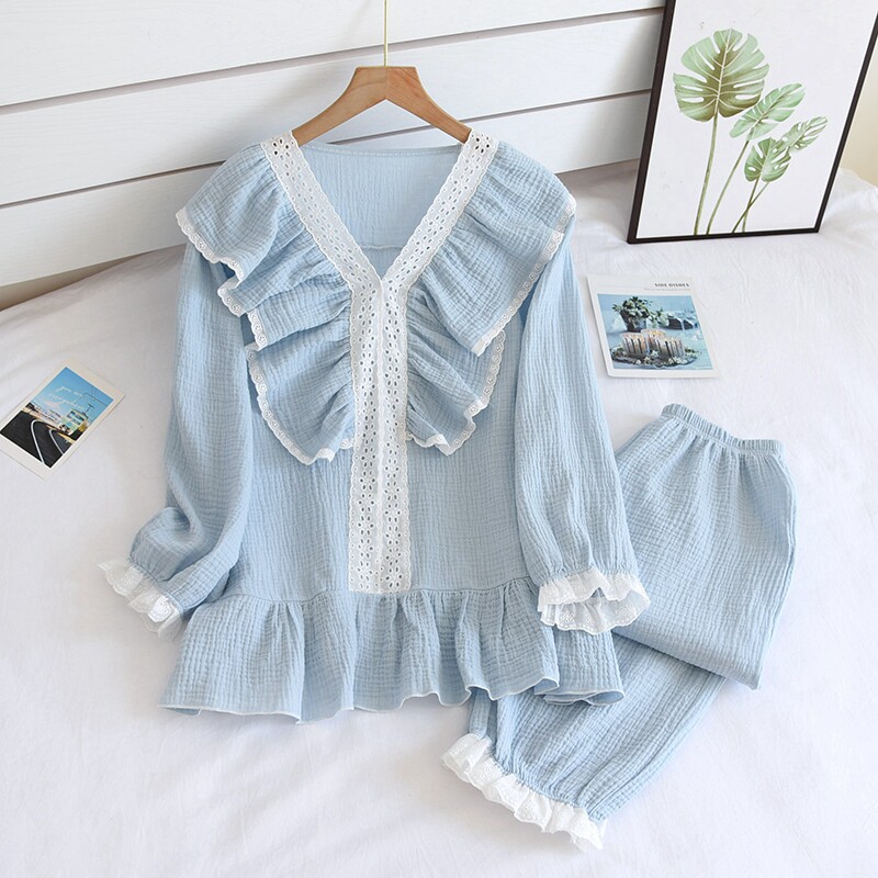 Sleepwear Girl Spring Autumn Pure Cotton Washed Double Gauze Summer Thin CUTE PRINCESS WIND LONG SLEEVE LONG PANTS HOME SUIT SUIT