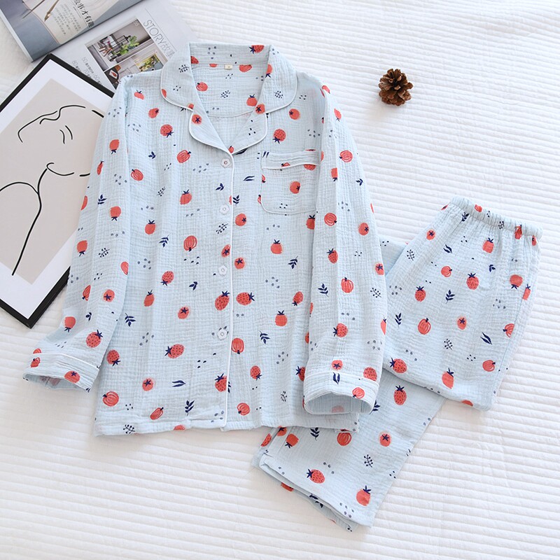 Spring Autumn Pyjamas Woman Pure Cotton Double Layer Gauze Crepe Cloth Summer Thinly Cute Full Cotton Long Sleeve Long Pants Home Suit Suit